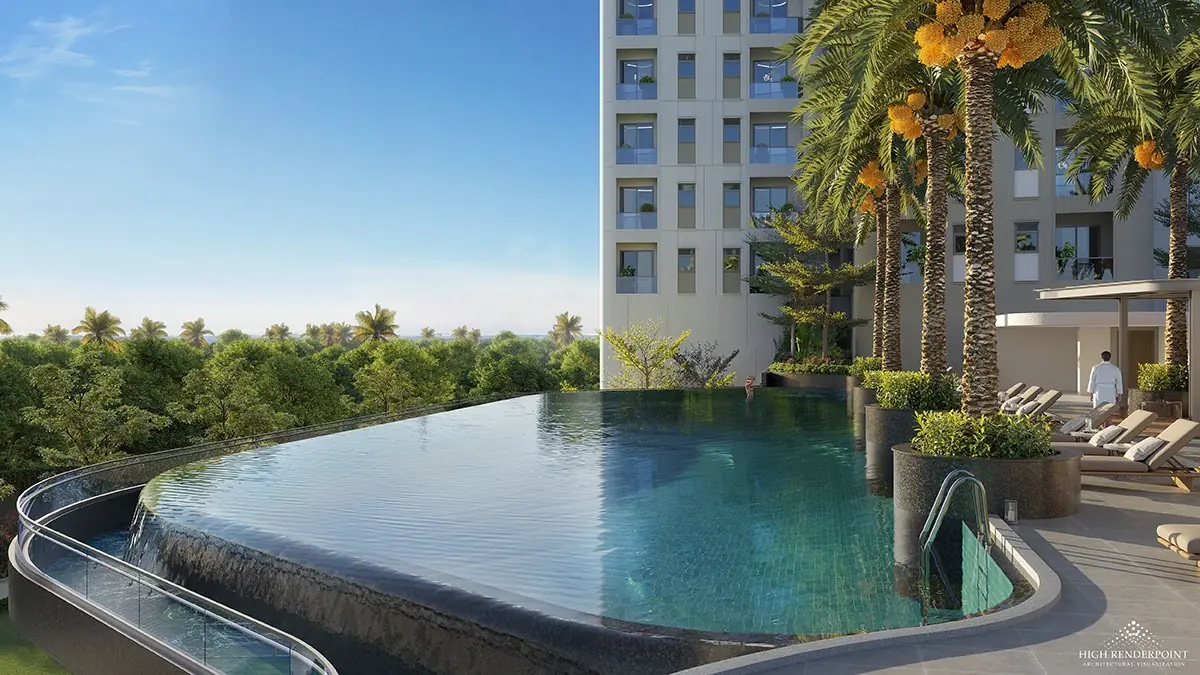 Sattva Aaranya infinity lap pool on the podium deck
